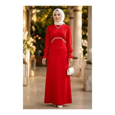 Neva Style Boncuk Detaylı Kırmızı Tesettür Saten Abiye Elbise