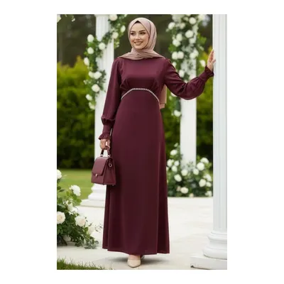 Neva Style Boncuk Detaylı Koyu Bordo Tesettür Saten Abiye Elbise