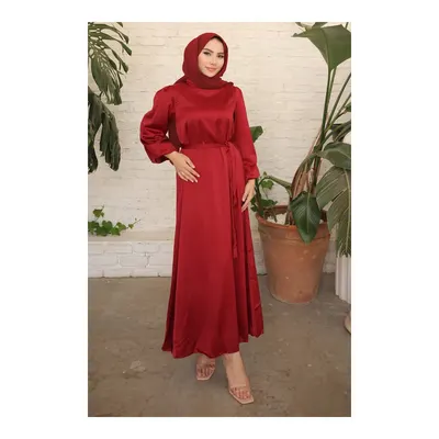 İmaj Butik Bordo Hakim Yaka Balon Kol Saten Abiye Elbise
