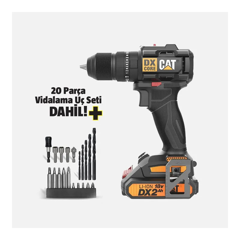 Cat DX1010.1 18Volt 2.0Ah Li-ion Çift Akülü Kömürsüz Profesyonel Şarjlı Darbeli Matkap + 20 Parça Delme Vidalama Uç Seti, görsel 1