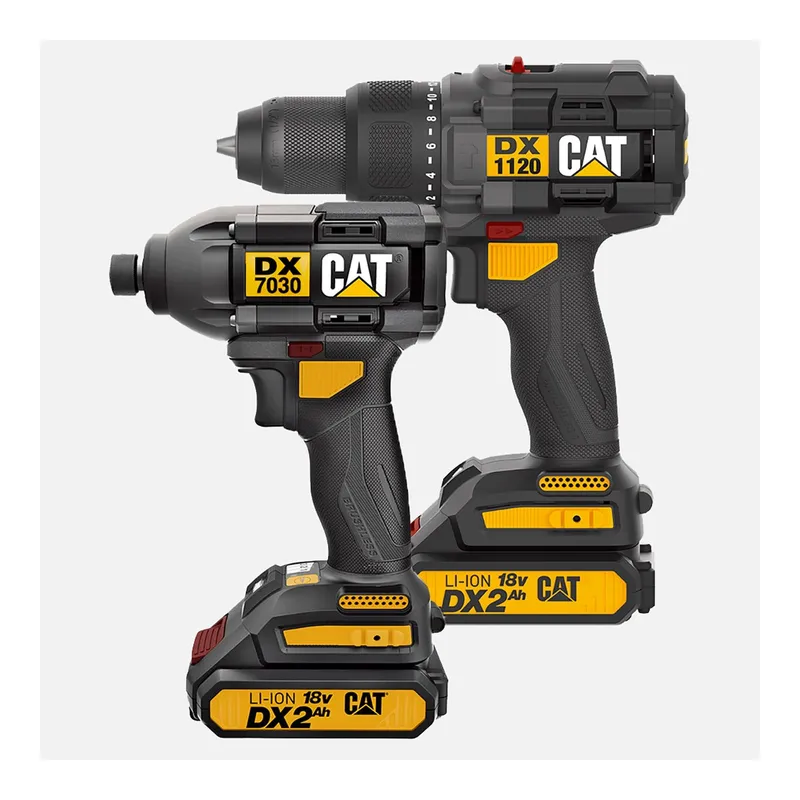 Cat DXK201 18Volt/2.0Ah Li-ion Çift Akülü Kömürsüz Profesyonel Şarjlı Darbeli Matkap + DX7030 Kömürsüz Darbeli Tornavida + DA01903 201 Parça Uç Seti, görsel 1
