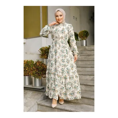 Neva Style Çiçek Desenli Çağla Yeşili Tesettür Elbise 50251CY