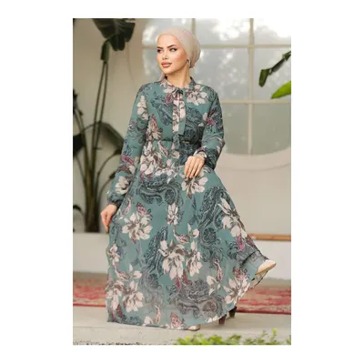 Neva Style Çiçek Desenli Çağla Yeşili Tesettür Elbise