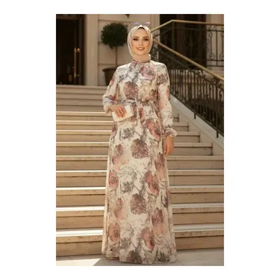 Neva Style Çiçek Desenli Ekru Tesettür Elbise