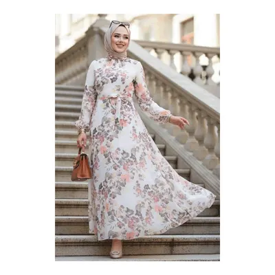Neva Style Çiçek Desenli Krem Tesettür Elbise 279902KR