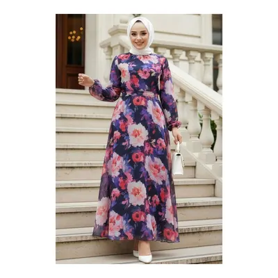 Neva Style Çiçek Desenli Dik Yaka Elbise