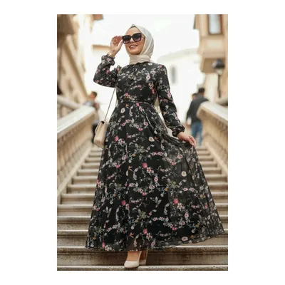 Neva Style Çiçek Desenli Bağcıklı Tesettür Elbise
