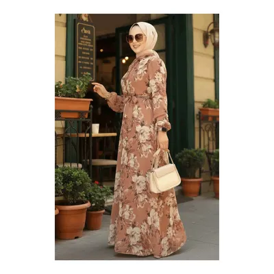 Neva Style Çiçek Desenli Taba Tesettür Elbise