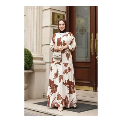 Neva Style Desenli Taba Tesettür Elbise