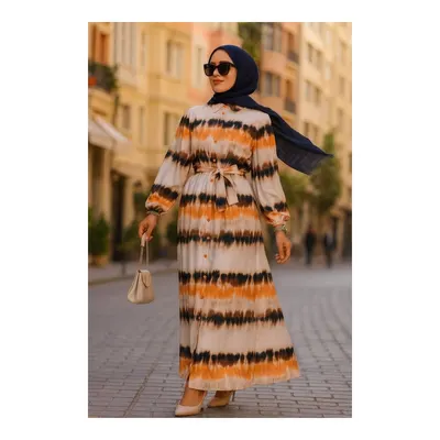 Neva Style Desenli Turuncu Kemerli Elbise