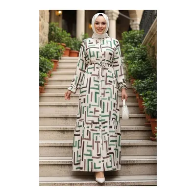 Neva Style Desenli Yeşil Tesettür Elbise 50253Y