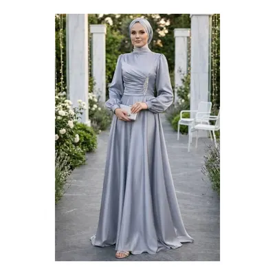 Neva Style Drape Detaylı Gri Tesettür Saten Abiye Elbise 6261GR