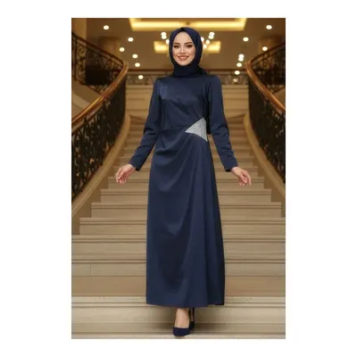 Neva Style Drape Detaylı Lacivert Tesettür Saten Abiye Elbise 5940L