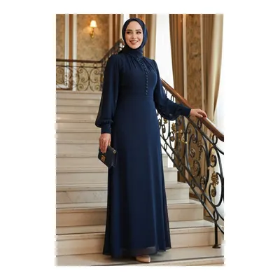 Neva Style Düğme Detaylı Lacivert Tesettür Elbise
