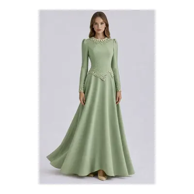 Olcay İnci Süslemeli Krep Tesettür Abiye Elbise Çağla