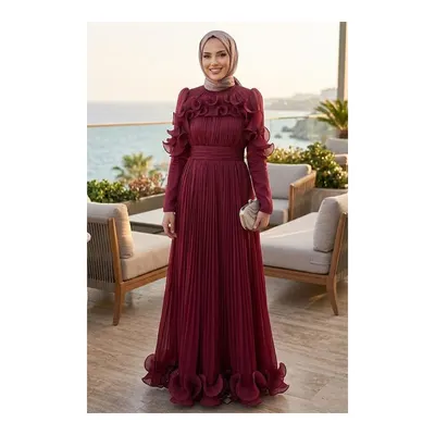 Neva Style Işıltılı Bordo Fırfırlı Piliseli Tesettür Abiye 55691BR