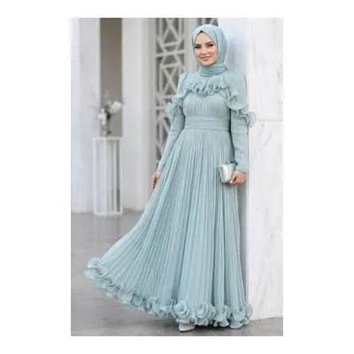 Neva Style Işıltılı Çağla Yeşili Fırfırlı Piliseli Tesettür Abiye 55691CY