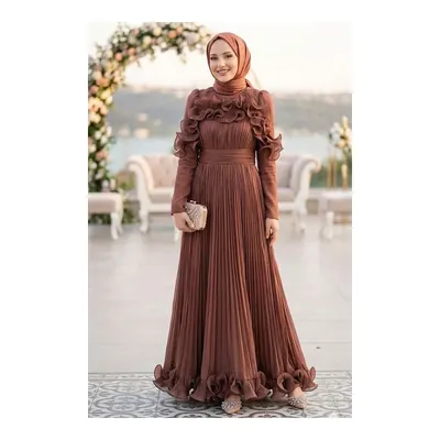 Neva Style Işıltılı Kahverengi Fırfırlı Piliseli Tesettür Abiye 55691KH