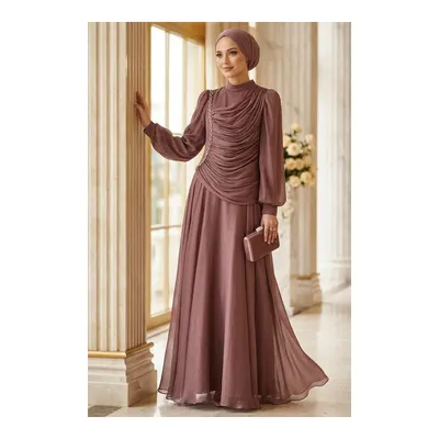 Neva Style Işıltılı Koyu Gül Kurusu Drapeli Tesettür Abiye 57091KGK