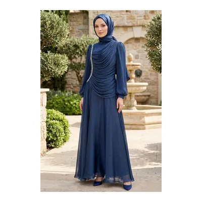 Neva Style Işıltılı Lacivert Drapeli Tesettür Abiye 57091L