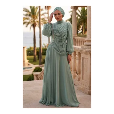 Neva Style Işıltılı Mint Drapeli Tesettür Abiye