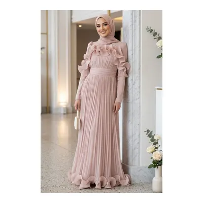 Neva Style Işıltılı Pudra Fırfırlı Piliseli Tesettür Abiye 55691PD