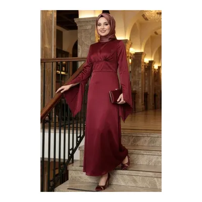 Neva Style İspanyol Kol Bordo Tesettür Saten Abiye Elbise 6258BR