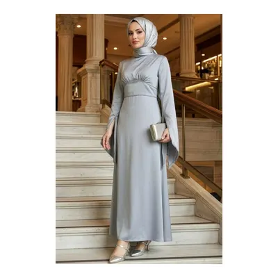 Neva Style İspanyol Kol Gri Tesettür Saten Abiye Elbise 6258GR