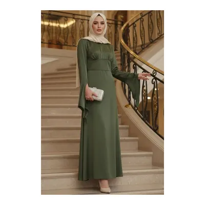 Neva Style İspanyol Kol Haki Tesettür Saten Abiye Elbise 6258HK