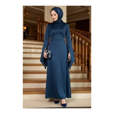 Neva Style İspanyol Kol Lacivert Tesettür Saten Abiye Elbise 6258L
