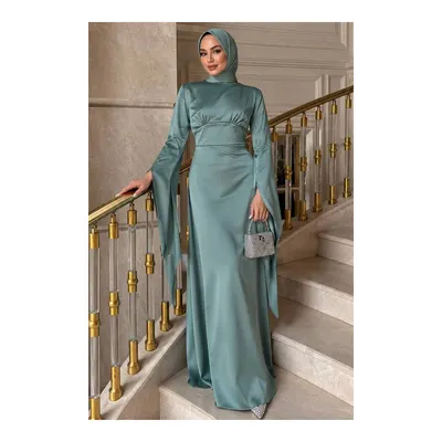 Neva Style İspanyol Kol Mint Saten Tesettür Abiye Elbise 6258MINT