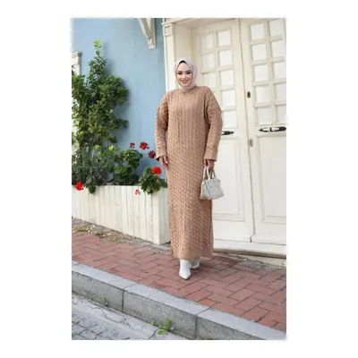 Harmatime butik Örgü Triko Tesettür Elbise Sütlü Kahve