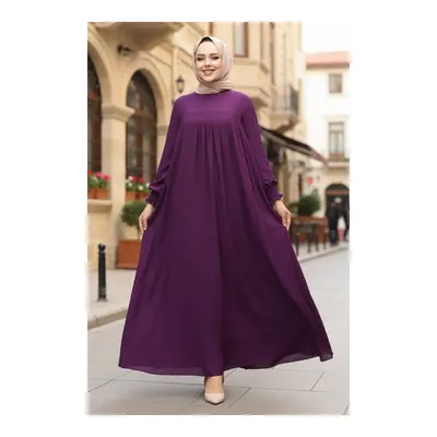 Neva Style Kemerli Mürdüm Tesettür Elbise 23841MU