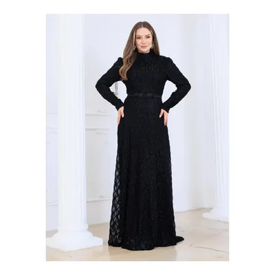 Elben Moda Dantel Detaylı Abiye Elbise - Siyah