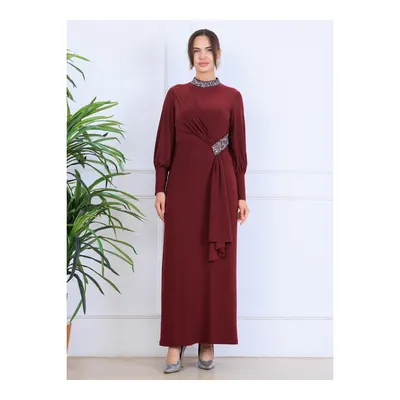 Elben Moda Melisa Taşlı Sarkaçlı Tesettür Abiye Elbise - Bordo