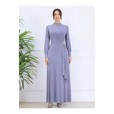 Elben Moda Melisa Taşlı Sarkaçlı Tesettür Abiye Elbise - Koyu Lila