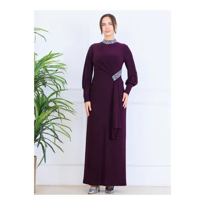 Elben Moda Melisa Taşlı Sarkaçlı Tesettür Abiye Elbise - Mürdüm