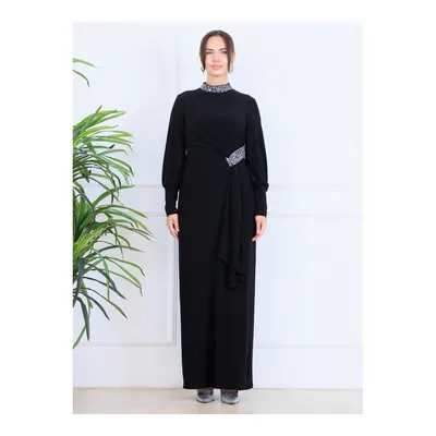 Elben Moda Melisa Taşlı Sarkaçlı Tesettür Abiye Elbise - Siyah