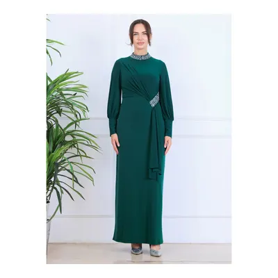 Elben Moda Melisa Taşlı Sarkaçlı Tesettür Abiye Elbise - Zümrüt Yeşili