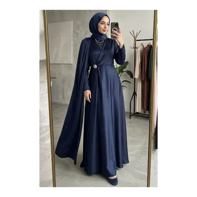 Neva Style Pelerin Detaylı Lacivert Tesettür Saten Abiye Elbise 4884L