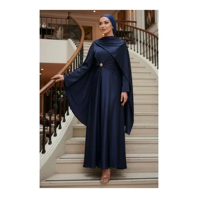 Neva Style Pelerinli Lacivert Tesettür Saten Abiye Elbise 53862L