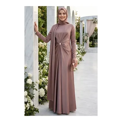 Neva Style Pelerinli Vizon Tesettür Saten Abiye Elbise 53862V