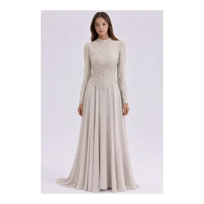 Olcay Pul ve Boncuk Desenli Şifon Kombinli Exclusive Tesettür Abiye Elbise Taş 1066