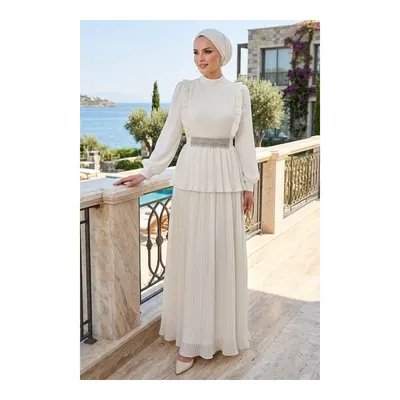 Neva Style Şifon Beyaz Taş Kemerli Piliseli Tesettür Abiye 5690B
