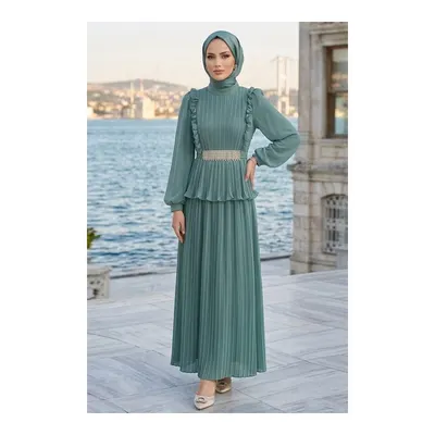 Neva Style Şifon Çağla Yeşili Taş Kemerli Piliseli Tesettür Abiye 5690CY