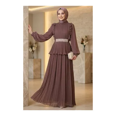 Neva Style Şifon Kahverengi Taş Kemerli Piliseli Tesettür Abiye 5690KH