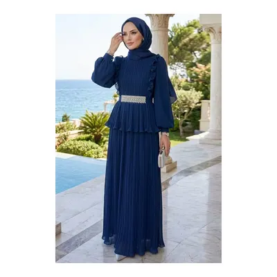 Neva Style Şifon Lacivert Taş Kemerli Piliseli Tesettür Abiye 5690L