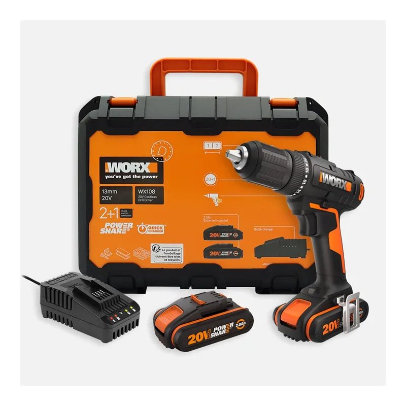 Worx WX108 20 V 2 Ah Çift Akülü Li-ion Darbesiz Akülü Matkap, görsel 1